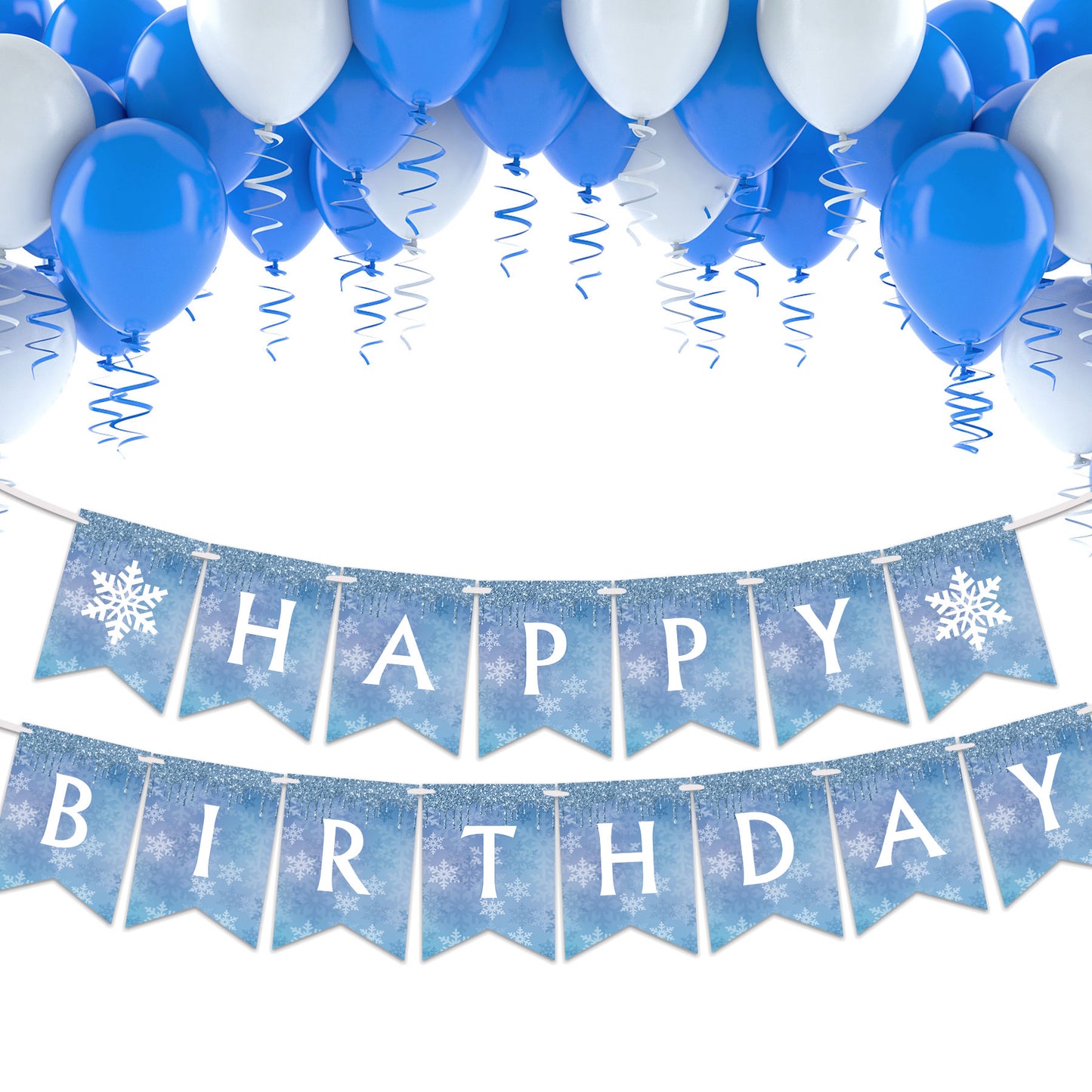 Snowflake and Frozen Happy Birthday Banner (Already Assembled)Blue & White, Snow and Frozen Theme Birthday Party Supplies, Winter Wonderland Snow Princess Birthday Party Decorations for Girl and Kids