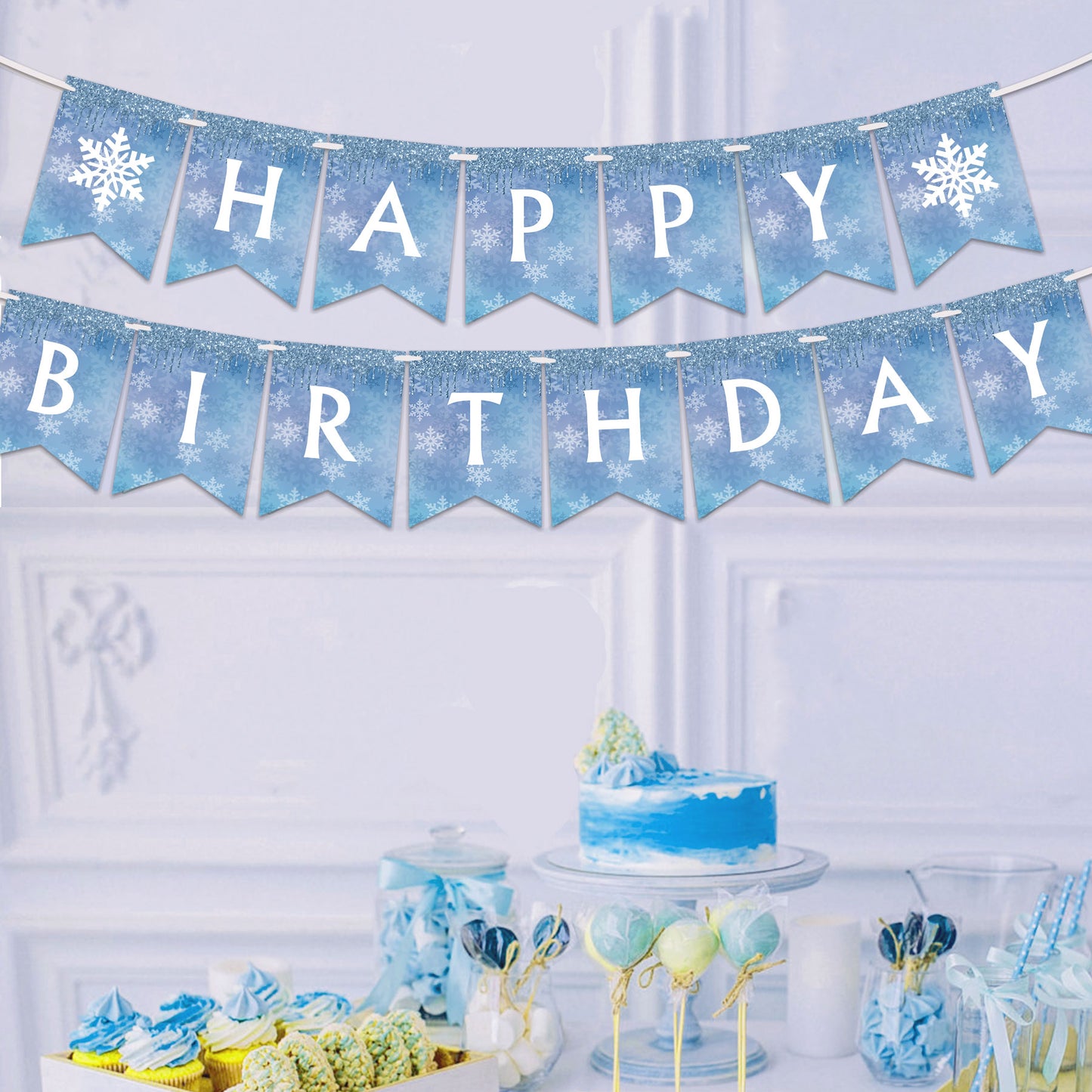 Snowflake and Frozen Happy Birthday Banner (Already Assembled)Blue & White, Snow and Frozen Theme Birthday Party Supplies, Winter Wonderland Snow Princess Birthday Party Decorations for Girl and Kids