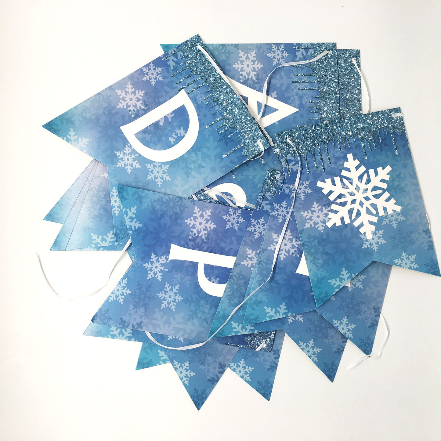 Snowflake and Frozen Happy Birthday Banner (Already Assembled)Blue & White, Snow and Frozen Theme Birthday Party Supplies, Winter Wonderland Snow Princess Birthday Party Decorations for Girl and Kids