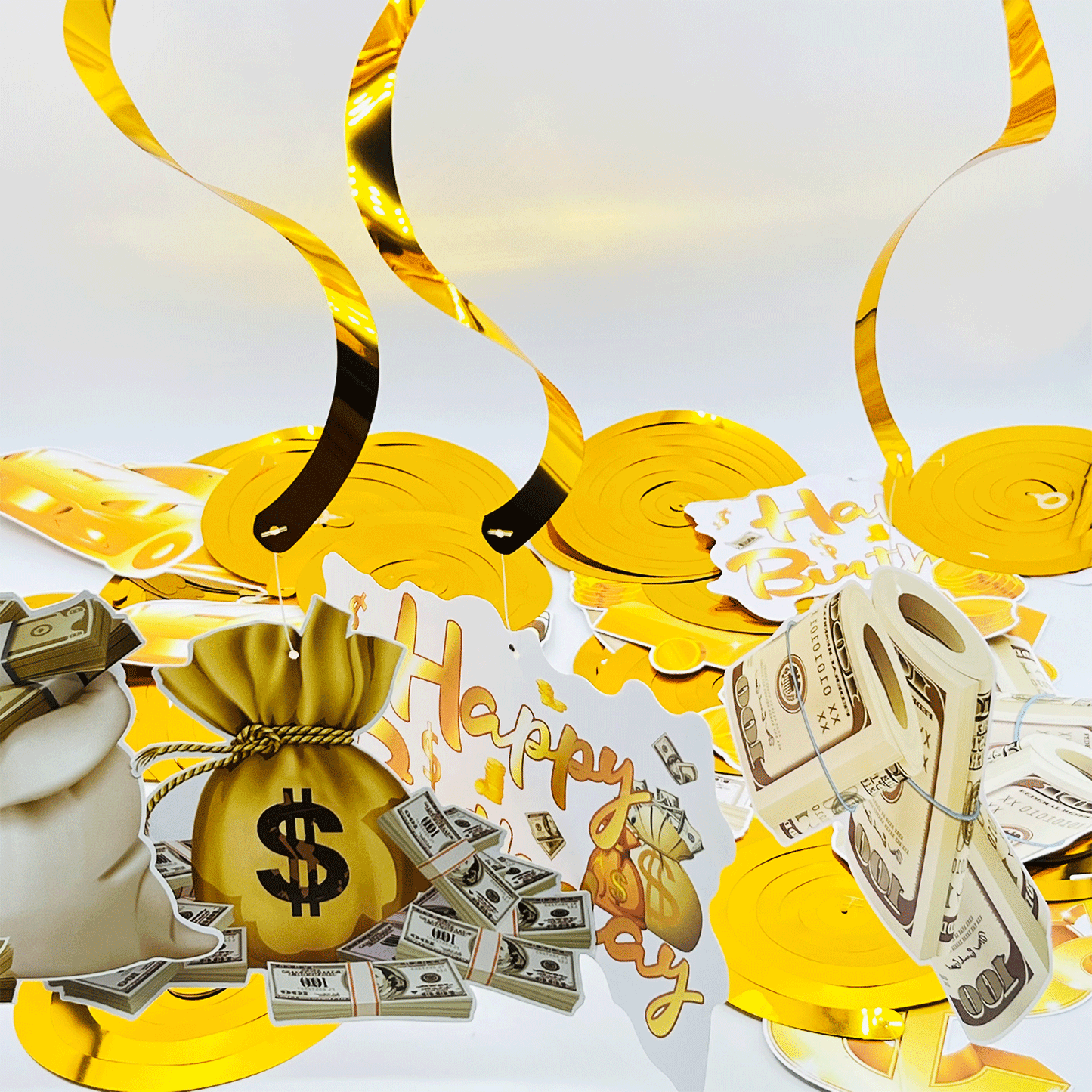 Money Birthday Party Decorations Ceiling Swirls(30Pcs Fully-Assembled). Money Theme Gold Hanging Decorations Party Supplies Dollar Bill Cash Hanging Swirls for Adults Birthday Casino Party
