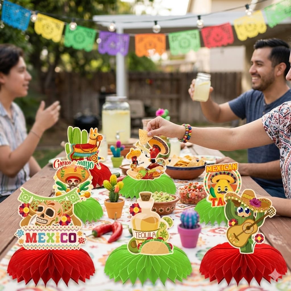 9 Pack Cinco de Mayo Table Toppers, Mexican Party Paper Honeycomb Table Decor, Fiesta Table Centerpieces with for Cinco de Mayo Fiesta, Taco Party, Mexican Birthday Decorations