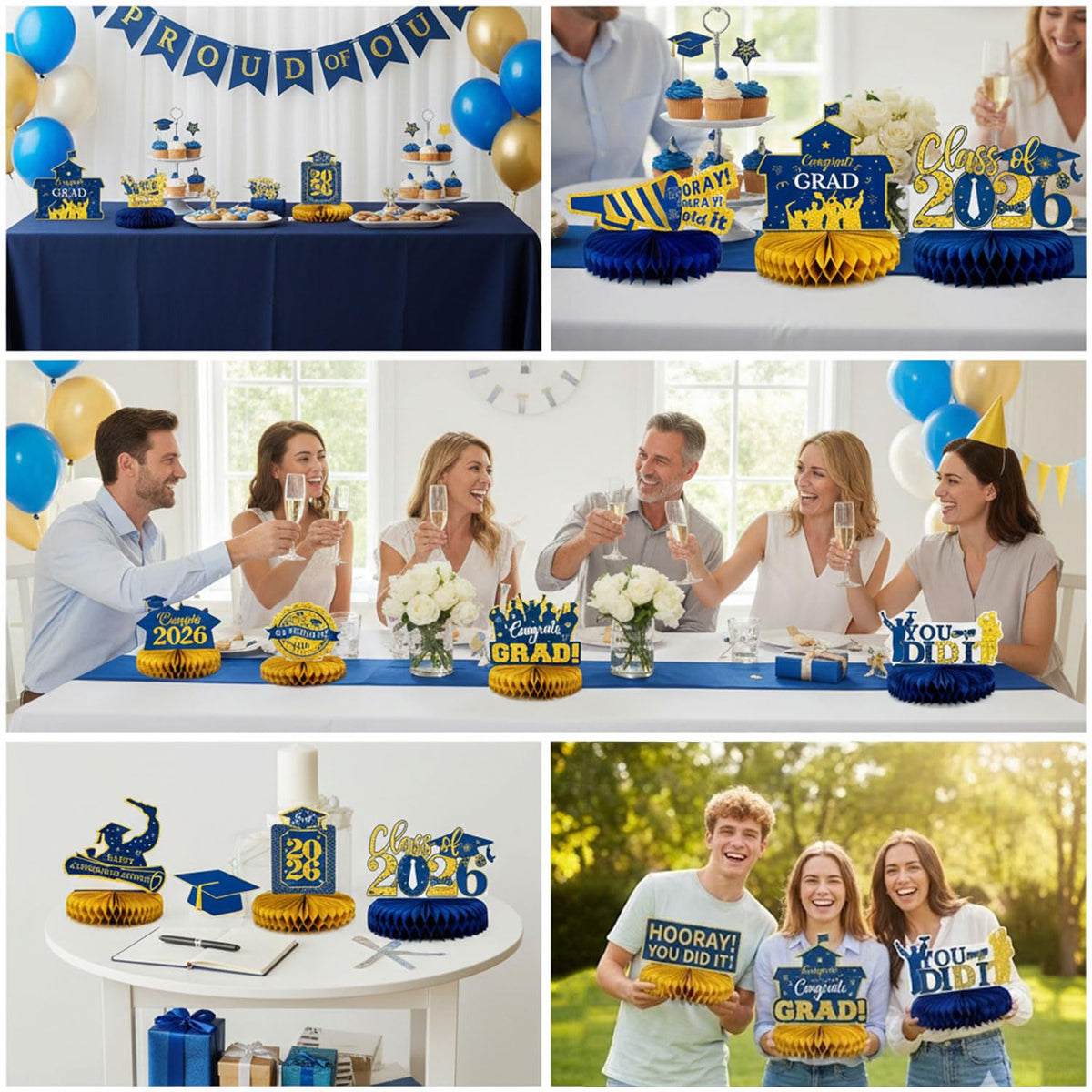 8 Pcs Blue and Gold Graduation Centerpieces for Tables 2026 - Class of 2026 Congrats Grad Party Decorations Supplies Table Toppers, Navy Blue Graduation Honeycomb Centerpieces for College High School