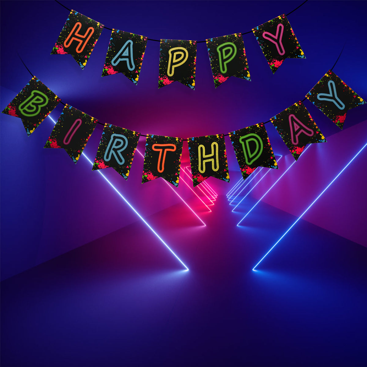 Glow Party Happy Birthday Banner Decoration(Already Assembled), 80s Birthday Banner Let's Glow Party Decorations, Glow in the Dark Party Supplies, Neon Party Birthday Decorations