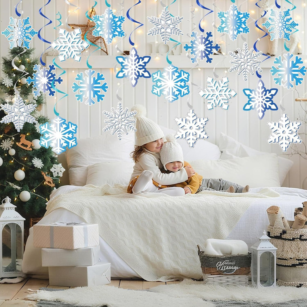 Christmas Snowflake Decorations Hanging Ceiling Swirls (30Pcs Fully-Assembled) Blue Frozen Hanging Snowflakes Winter Wonderland Decorations