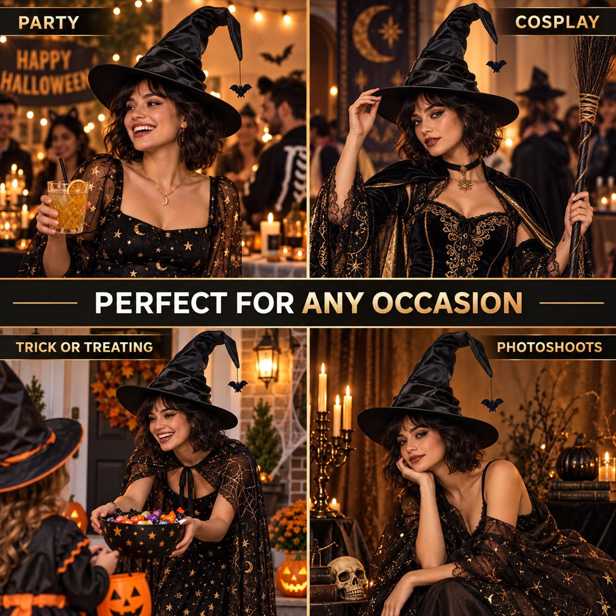 Black Witch Hat for Adults with Bat, 16”Satin Halloween Costume Hat