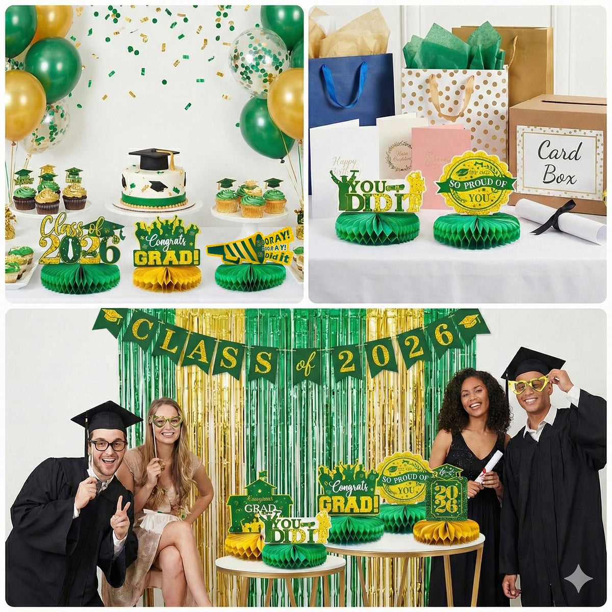 8 Pcs Green and Gold Graduation Honeycomb Centerpieces 2026 - Class of 2026 Graduation Decorations for Tables - Congrats Grad Table Toppers, Paper Centerpieces for High School College Party Supplies