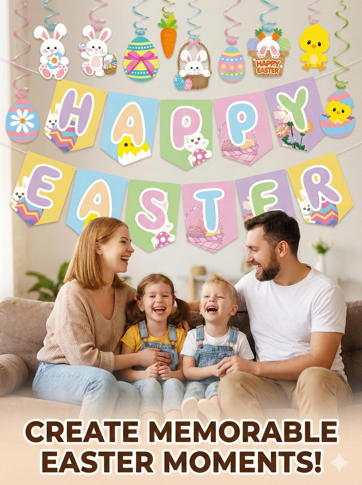 Easter Decorations Set - 18 Pcs Pre-strung Happy Easter Banners & Hanging Swirls, Pastel Bunny Chick Egg Party Supplies for Home Classroom Office, Easter Egg Hunt, Spring Brunch,No DIY Required
