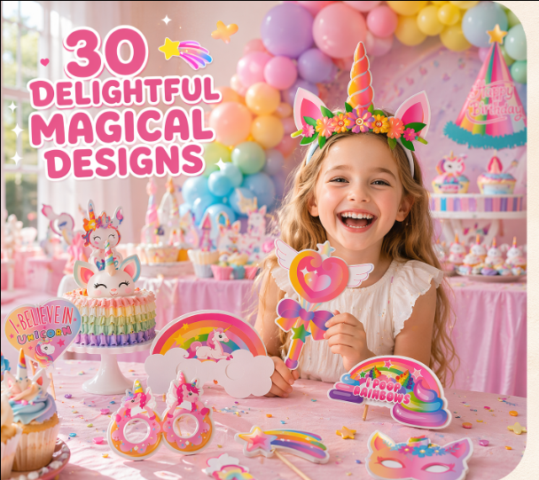 30Pcs Unicorn Photo Booth Props with Bamboo Sticks - Pastel Rainbow Birthday Party Decorations Pose Signs for Teens, Adults Birthday, Bridal Shower, Magical Selfie Studio Backdrop Cutouts