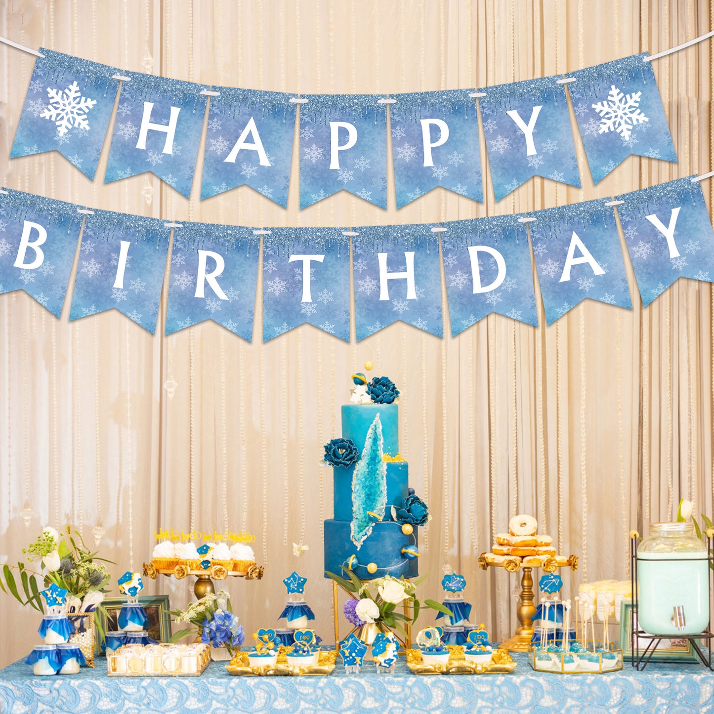 Snowflake and Frozen Happy Birthday Banner （Already Assembled）Blue & White, Snow and Frozen Theme Birthday Party Supplies， Winter Wonderland Snow Princess Birthday Party Decorations for Girl and Kids