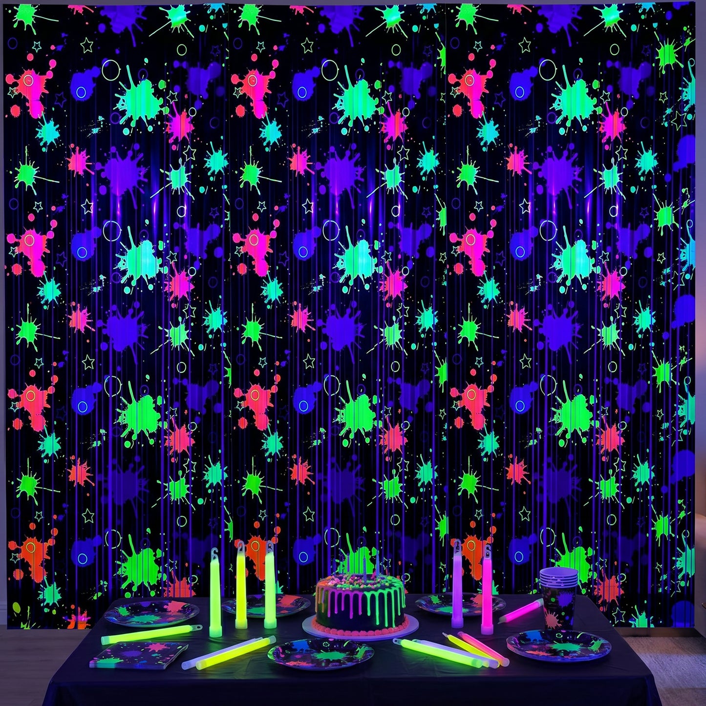 2 Pack Blacklight Glow in The Dark Foil Fringe Curtain, UV Reactive Neon Splatter Party Backdrop Streamers (39" x 79") with Self-Adhesive for Birthday, Rave Party, Photo Booth