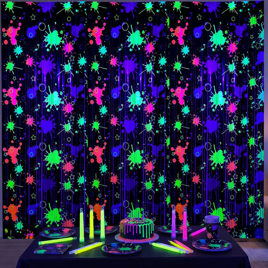 2 Pack Blacklight Glow in The Dark Foil Fringe Curtain, UV Reactive Neon Splatter Party Backdrop Streamers (39" x 79") with Self-Adhesive for Birthday, Rave Party, Photo Booth