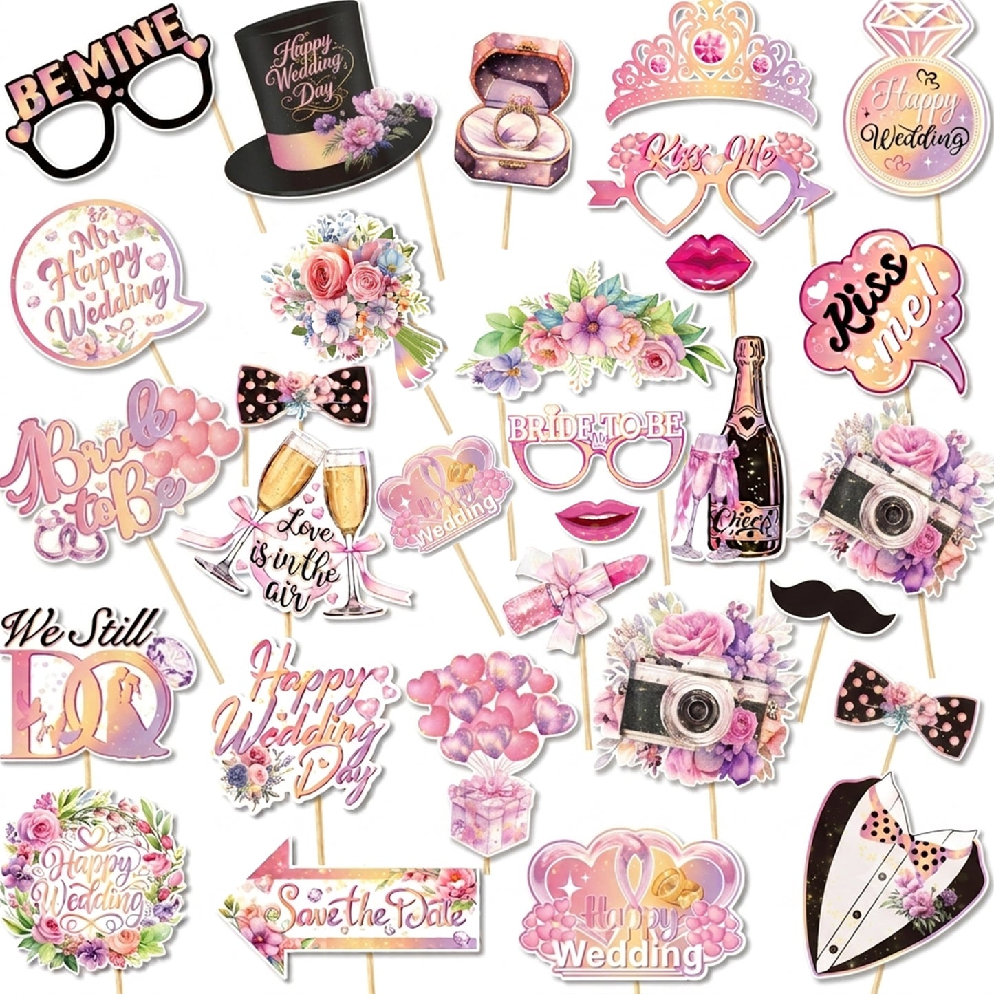 30 Pcs Wedding Photo Booth Props with Sticks, No-Glare Floral Wedding Decorations for Reception, Bridal Shower, Bachelorette Party Supplies, Engagement Photo Props Sign Kit for Guests