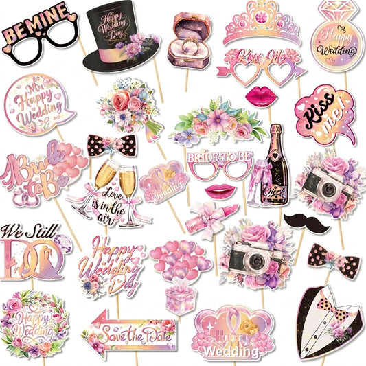 30 Pcs Wedding Photo Booth Props with Sticks, No-Glare Floral Wedding Decorations for Reception, Bridal Shower, Bachelorette Party Supplies, Engagement Photo Props Sign Kit for Guests