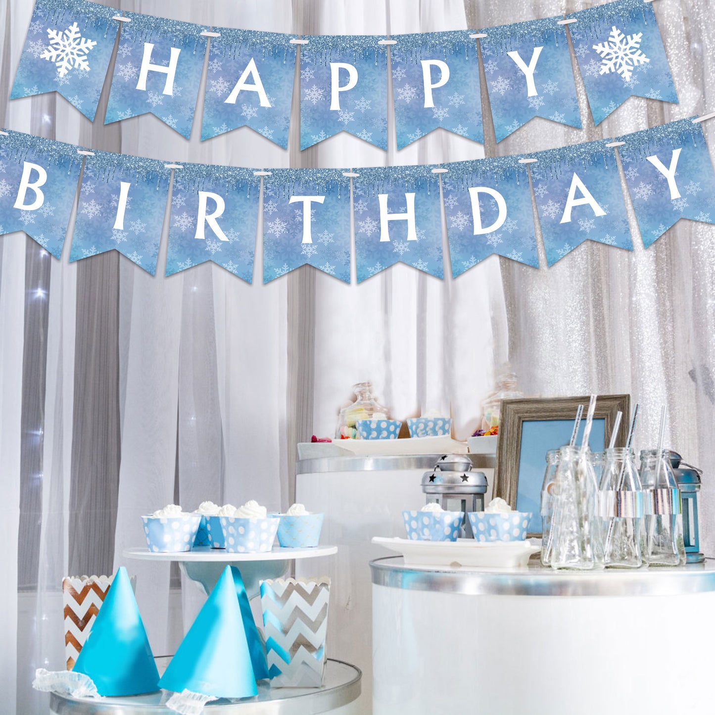 Snowflake and Frozen Happy Birthday Banner （Already Assembled）Blue & White, Snow and Frozen Theme Birthday Party Supplies， Winter Wonderland Snow Princess Birthday Party Decorations for Girl and Kids