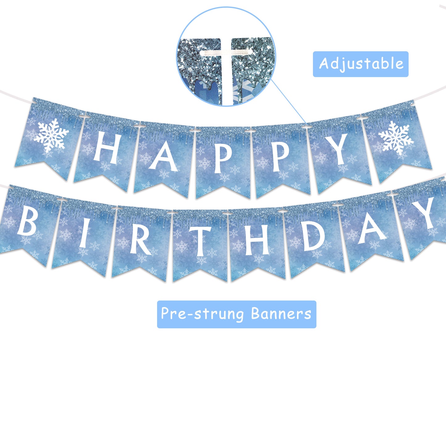 Snowflake and Frozen Happy Birthday Banner （Already Assembled）Blue & White, Snow and Frozen Theme Birthday Party Supplies， Winter Wonderland Snow Princess Birthday Party Decorations for Girl and Kids