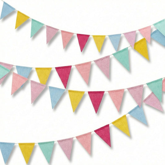 32.8ft Faux Linen Bunting Banner - 36pcs Colorful Triangle Flag Garland (6 Colors), Pastel Linen Pennants for Birthday Party Decorations, Nursery Room, Wedding, Classroom & Garden Decor