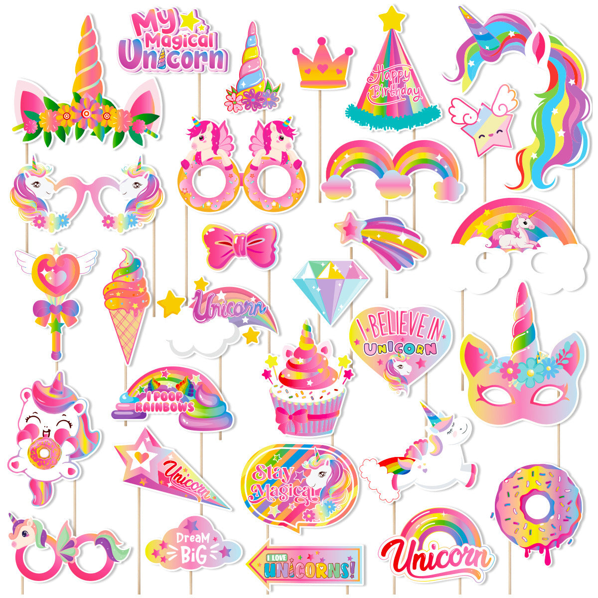 30Pcs Unicorn Photo Booth Props with Bamboo Sticks - Pastel Rainbow Birthday Party Decorations Pose Signs for Teens, Adults Birthday, Bridal Shower, Magical Selfie Studio Backdrop Cutouts