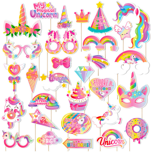 30Pcs Unicorn Photo Booth Props with Bamboo Sticks - Pastel Rainbow Birthday Party Decorations Pose Signs for Teens, Adults Birthday, Bridal Shower, Magical Selfie Studio Backdrop Cutouts