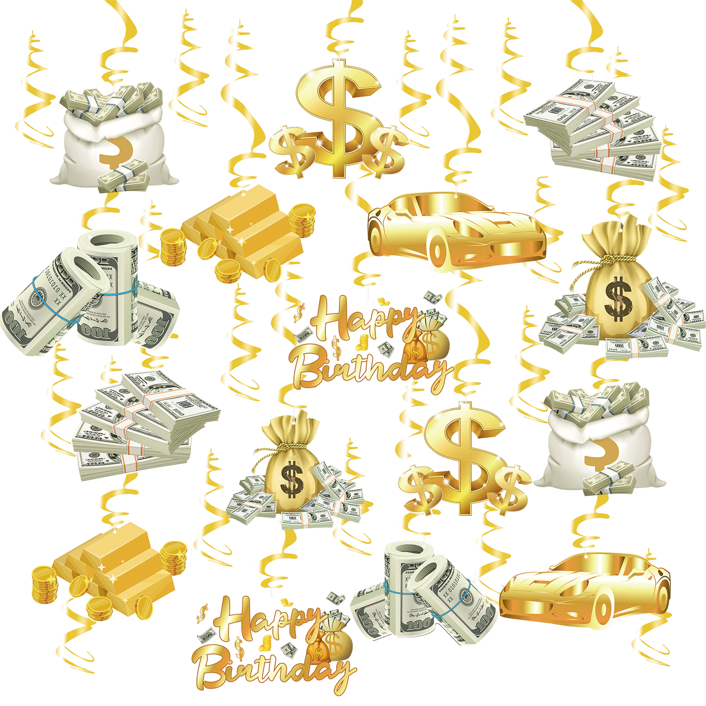 Money Birthday Party Decorations Ceiling Swirls(30Pcs Fully-Assembled). Money Theme Gold Hanging Decorations Party Supplies Dollar Bill Cash Hanging Swirls for Adults Birthday Casino Party