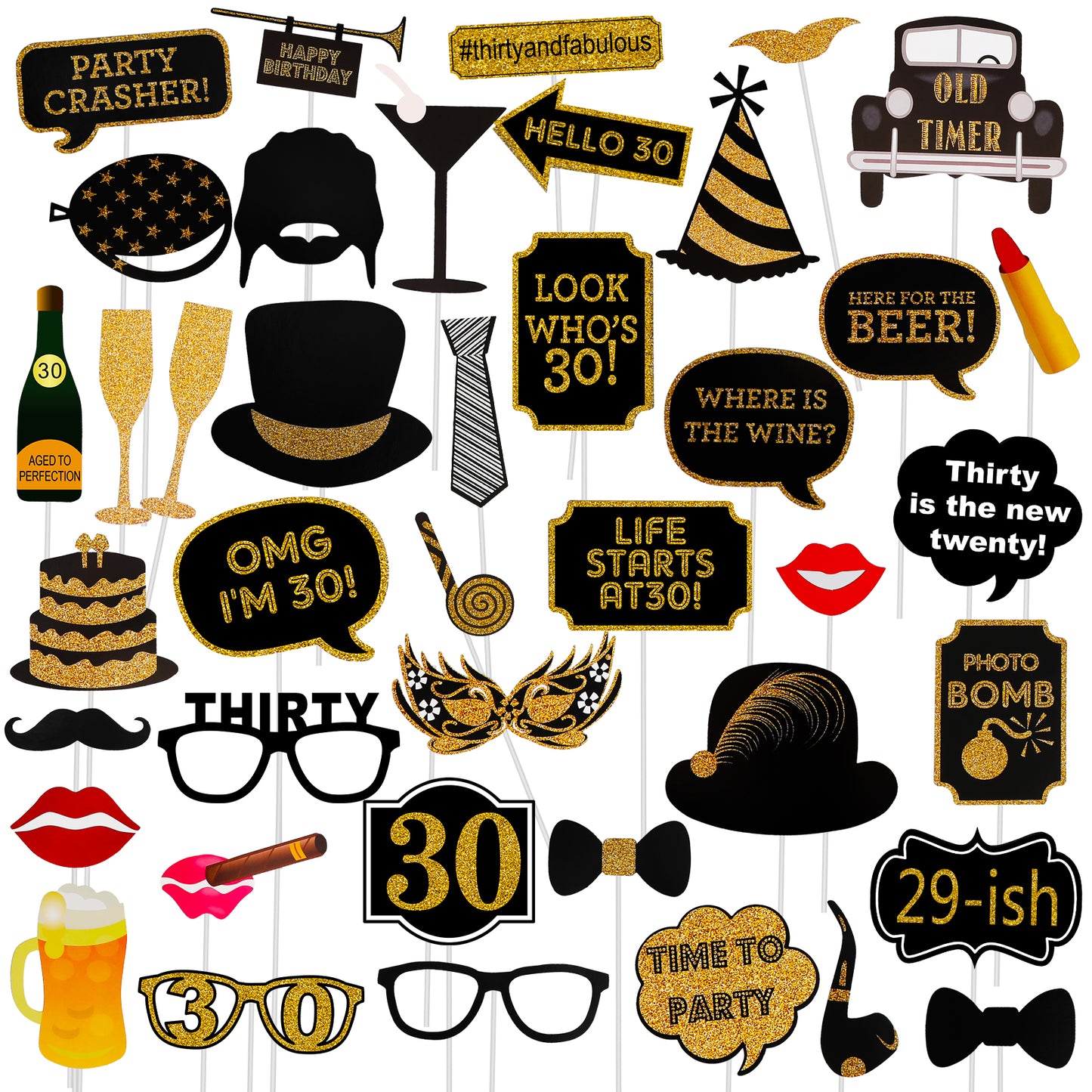 Adult 30th Birthday Photo Booth Props(41Pcs) for Her Him Dirty Thirty 30th Birthday Party, Gold and Red Decorations,30 Birthday Party Supplies for Men Women