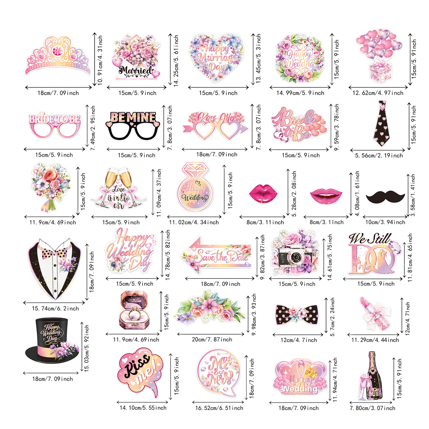 30 Pcs Wedding Photo Booth Props with Sticks, No-Glare Floral Wedding Decorations for Reception, Bridal Shower, Bachelorette Party Supplies, Engagement Photo Props Sign Kit for Guests