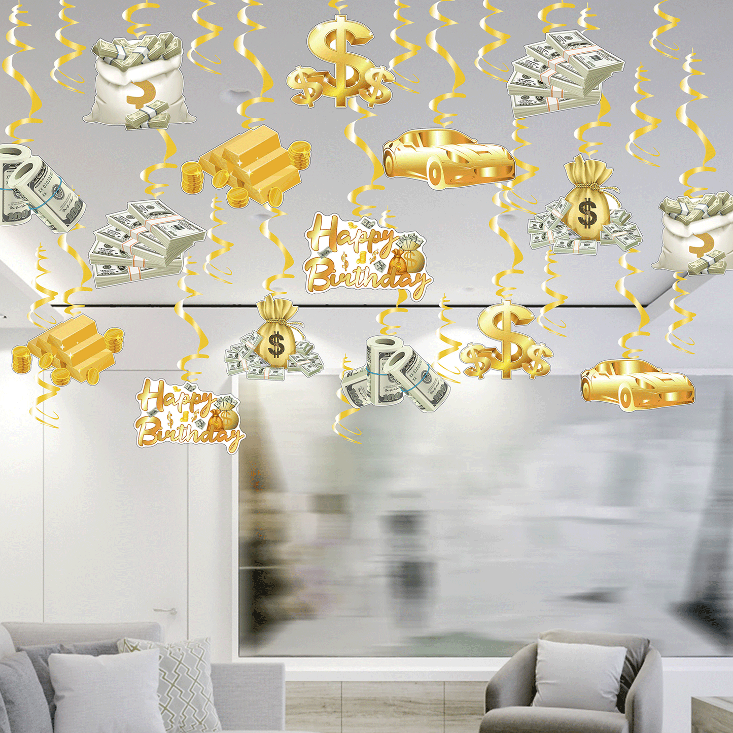 Money Birthday Party Decorations Ceiling Swirls(30Pcs Fully-Assembled). Money Theme Gold Hanging Decorations Party Supplies Dollar Bill Cash Hanging Swirls for Adults Birthday Casino Party