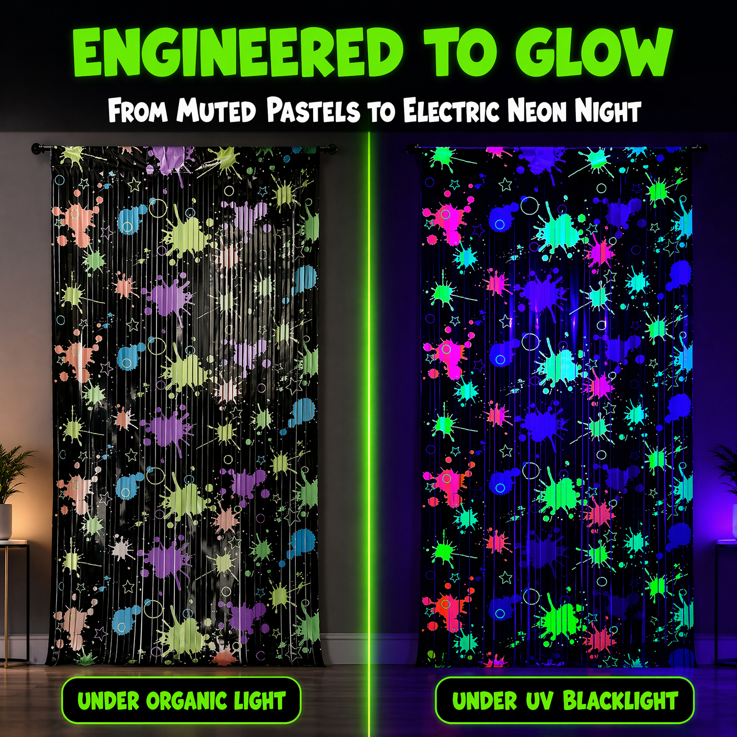 2 Pack Blacklight Glow in The Dark Foil Fringe Curtain, UV Reactive Neon Splatter Party Backdrop Streamers (39" x 79") with Self-Adhesive for Birthday, Rave Party, Photo Booth