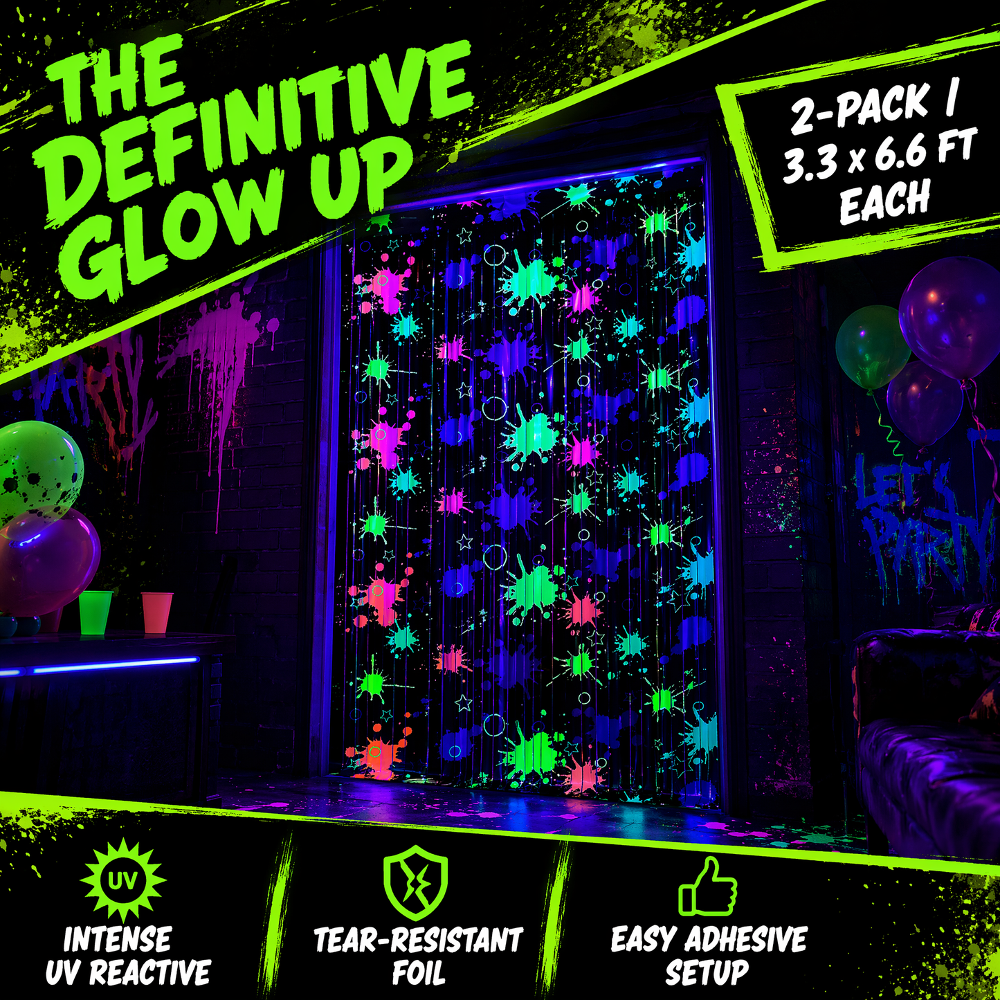 2 Pack Blacklight Glow in The Dark Foil Fringe Curtain, UV Reactive Neon Splatter Party Backdrop Streamers (39" x 79") with Self-Adhesive for Birthday, Rave Party, Photo Booth
