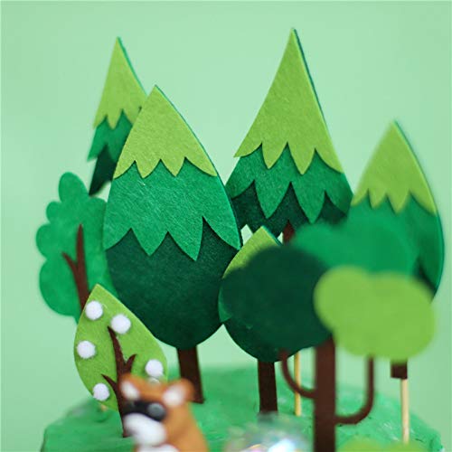 15 PCS Woodland Forest Cake Topper Trees，Handmade Felt Green Tree Cupcake Toppers for Jungle Safari Birthday, Camping Theme Party Decorations, Baby Shower Woodland Creatures Dessert Decor