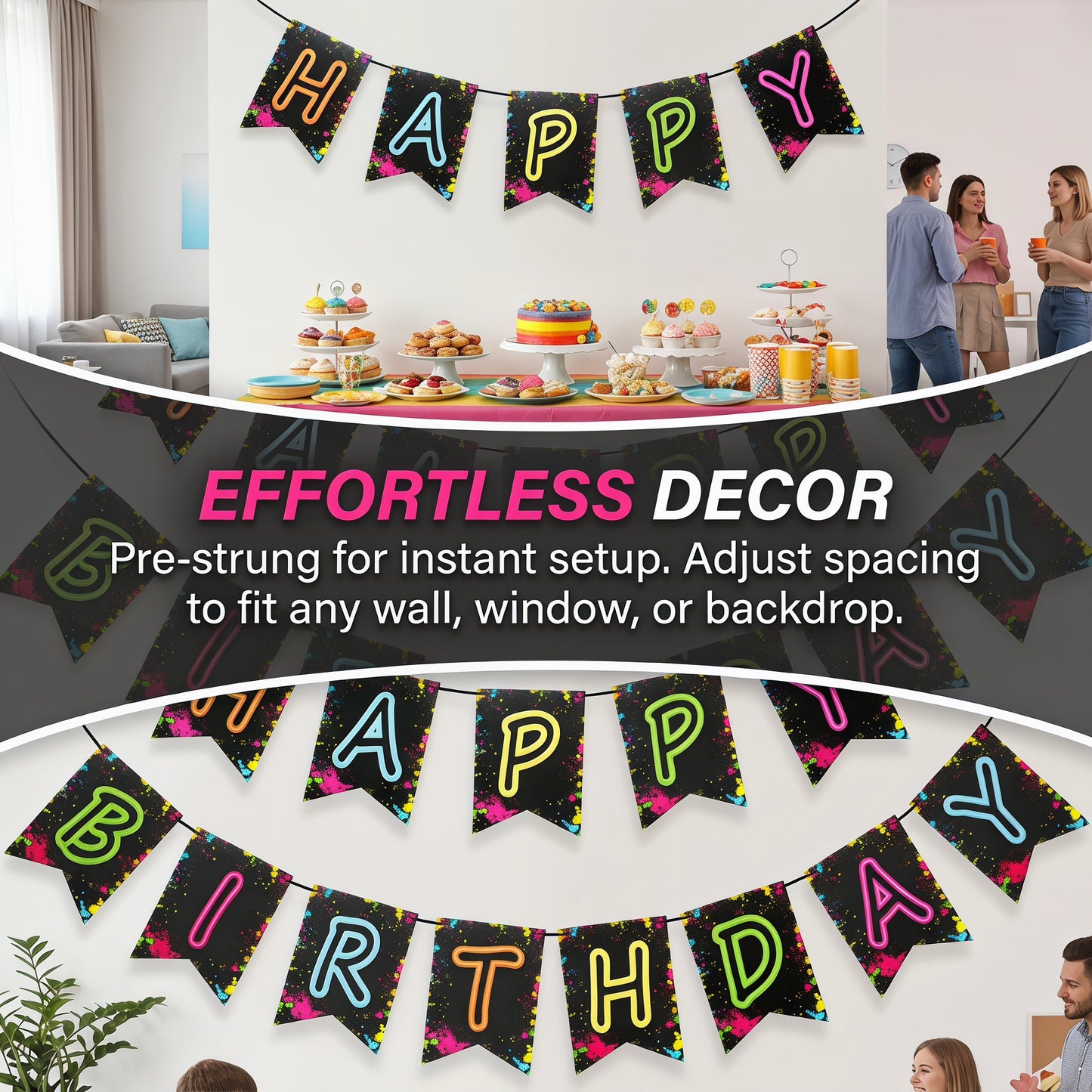 Glow Party Happy Birthday Banner Decoration（Already Assembled）, 80s Birthday Banner Let's Glow Party Decorations, Glow in the Dark Party Supplies, Neon Party Birthday Decorations
