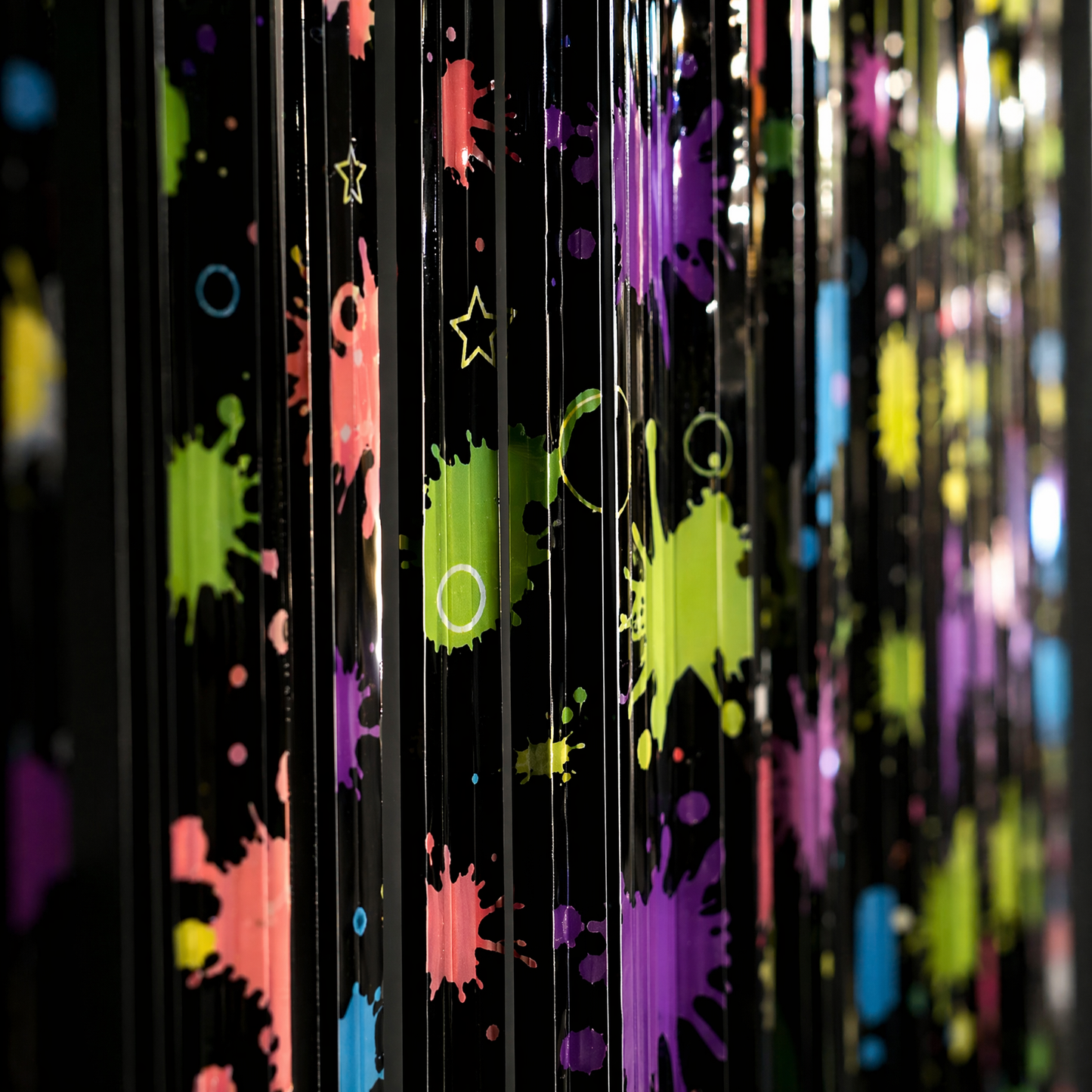2 Pack Blacklight Glow in The Dark Foil Fringe Curtain, UV Reactive Neon Splatter Party Backdrop Streamers (39" x 79") with Self-Adhesive for Birthday, Rave Party, Photo Booth