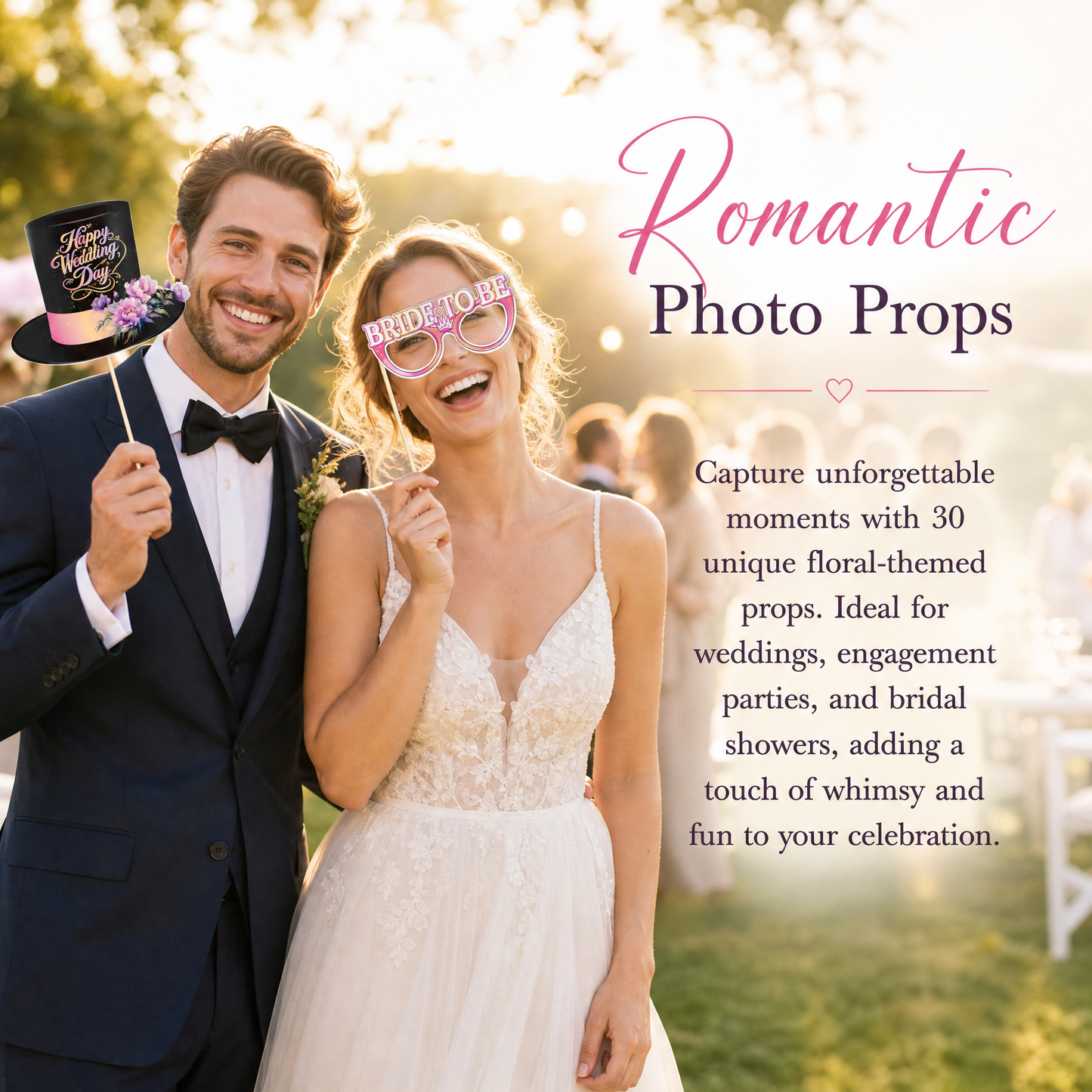 30 Pcs Wedding Photo Booth Props with Sticks, No-Glare Floral Wedding Decorations for Reception, Bridal Shower, Bachelorette Party Supplies, Engagement Photo Props Sign Kit for Guests