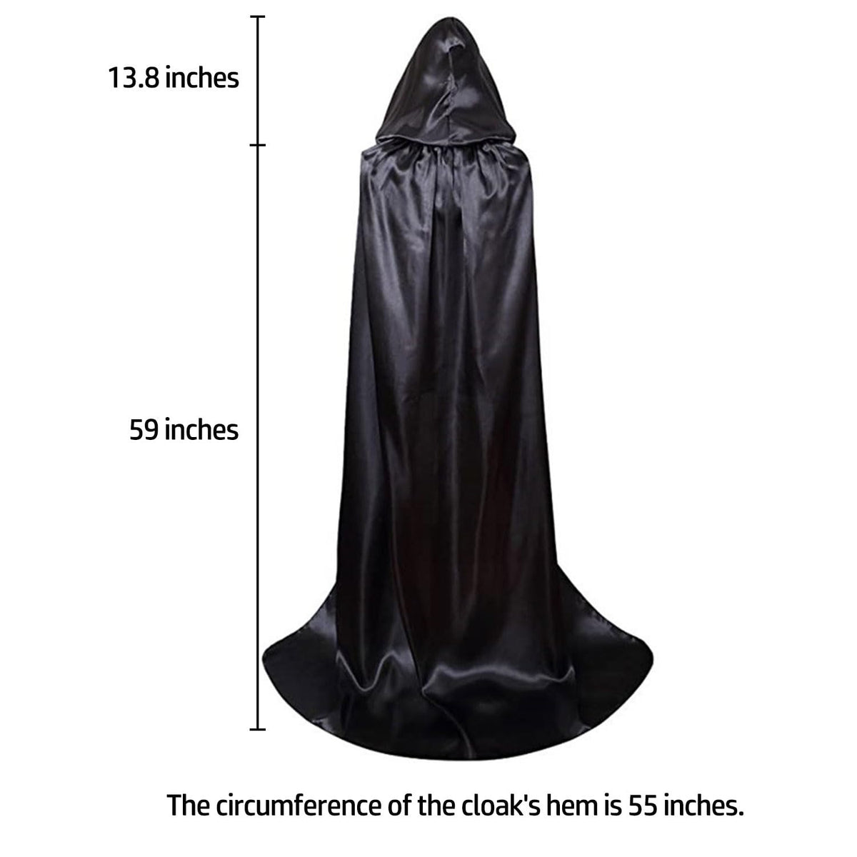 59" Halloween Black Hooded Cloak Full Length Satin Cape for Costume Cosplay
