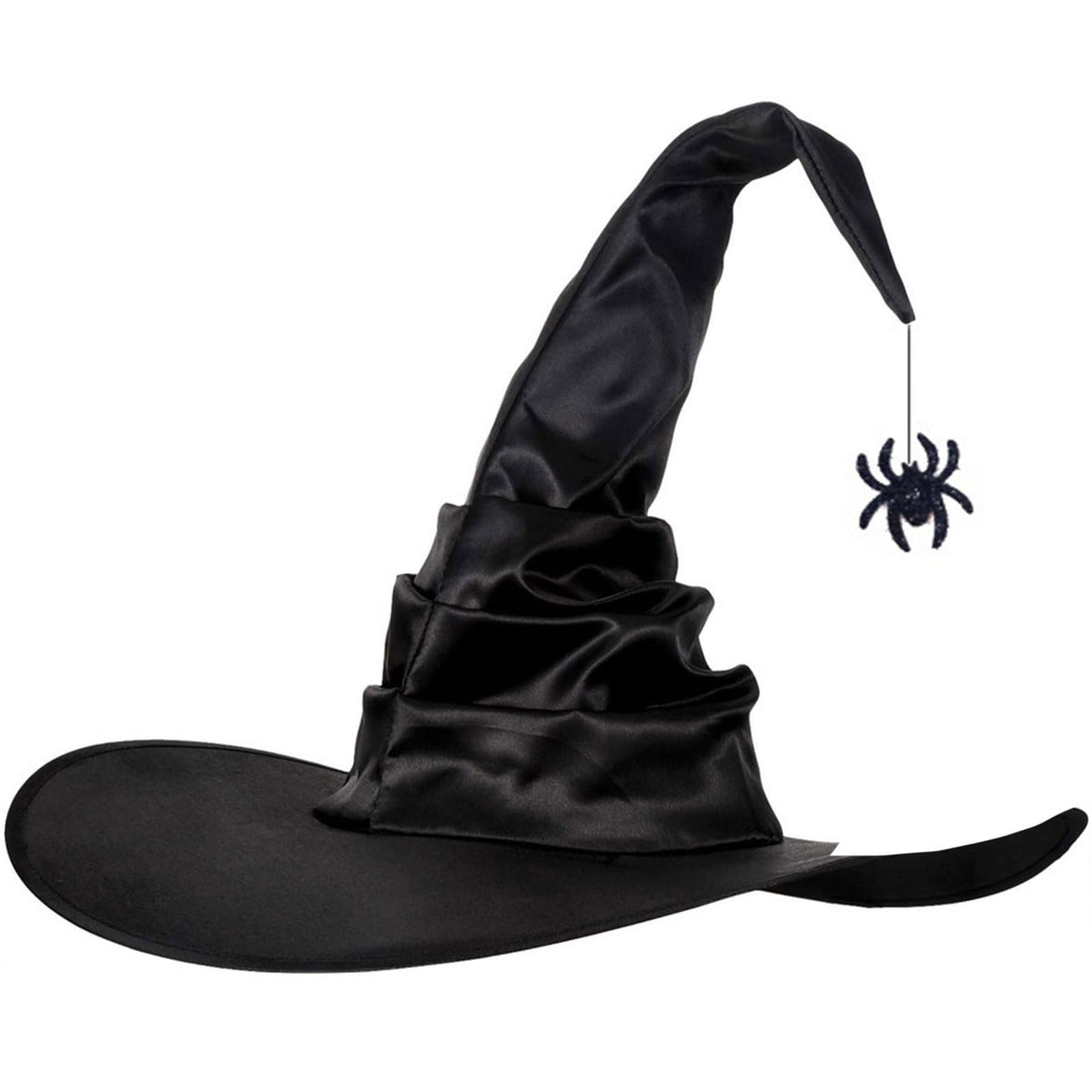 Black Witch Hat for Adults with Spider, Satin Halloween Costume Hat