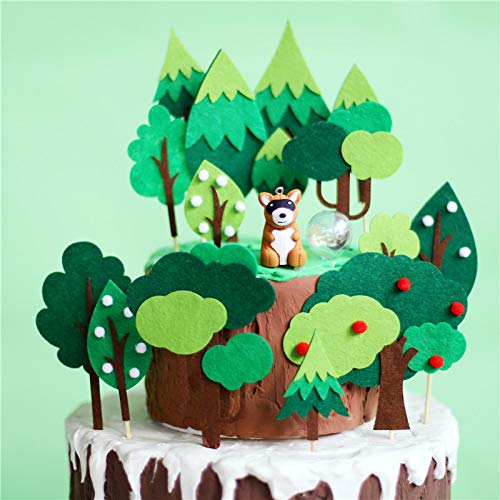 15 PCS Woodland Forest Cake Topper Trees，Handmade Felt Green Tree Cupcake Toppers for Jungle Safari Birthday, Camping Theme Party Decorations, Baby Shower Woodland Creatures Dessert Decor