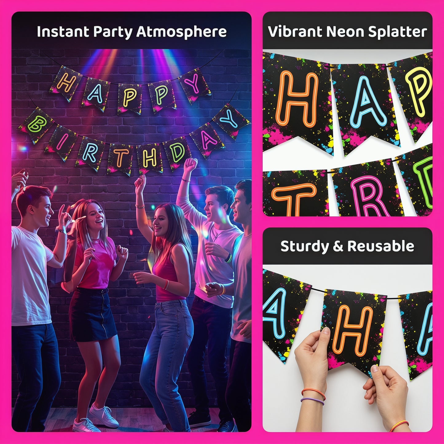 Glow Party Happy Birthday Banner Decoration（Already Assembled）, 80s Birthday Banner Let's Glow Party Decorations, Glow in the Dark Party Supplies, Neon Party Birthday Decorations