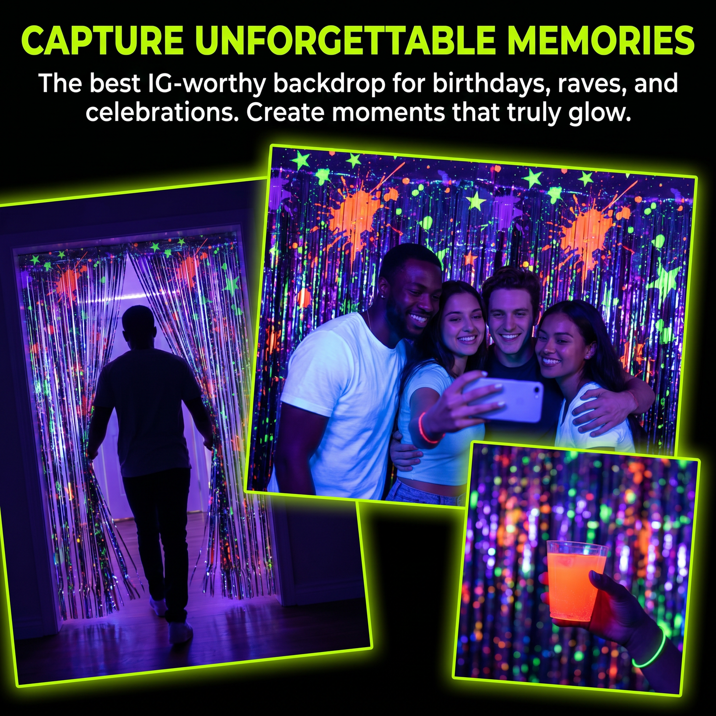 2 Pack Blacklight Glow in The Dark Foil Fringe Curtain, UV Reactive Neon Splatter Party Backdrop Streamers (39" x 79") with Self-Adhesive for Birthday, Rave Party, Photo Booth