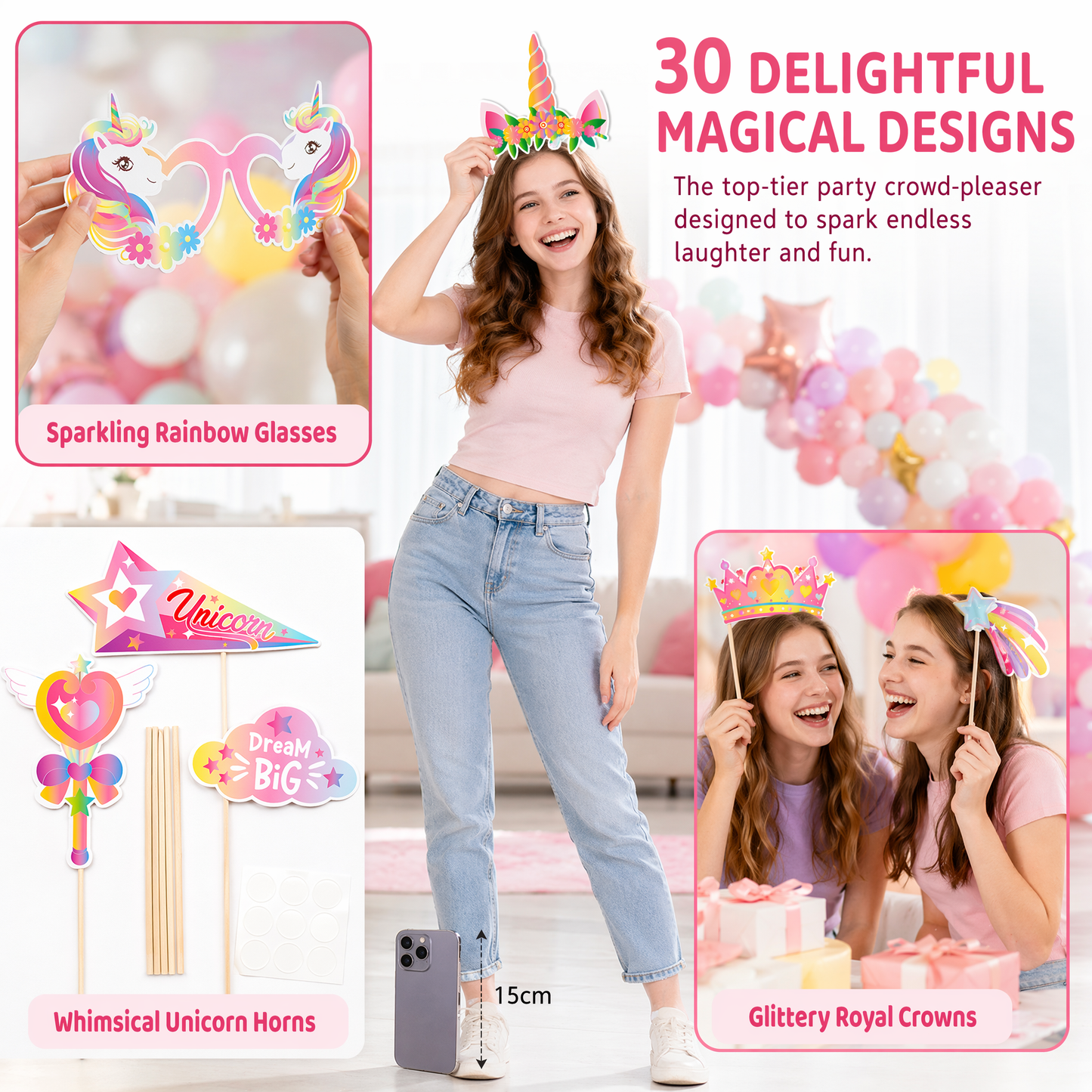 30Pcs Unicorn Photo Booth Props with Bamboo Sticks - Pastel Rainbow Birthday Party Decorations Pose Signs for Teens, Adults Birthday, Bridal Shower, Magical Selfie Studio Backdrop Cutouts