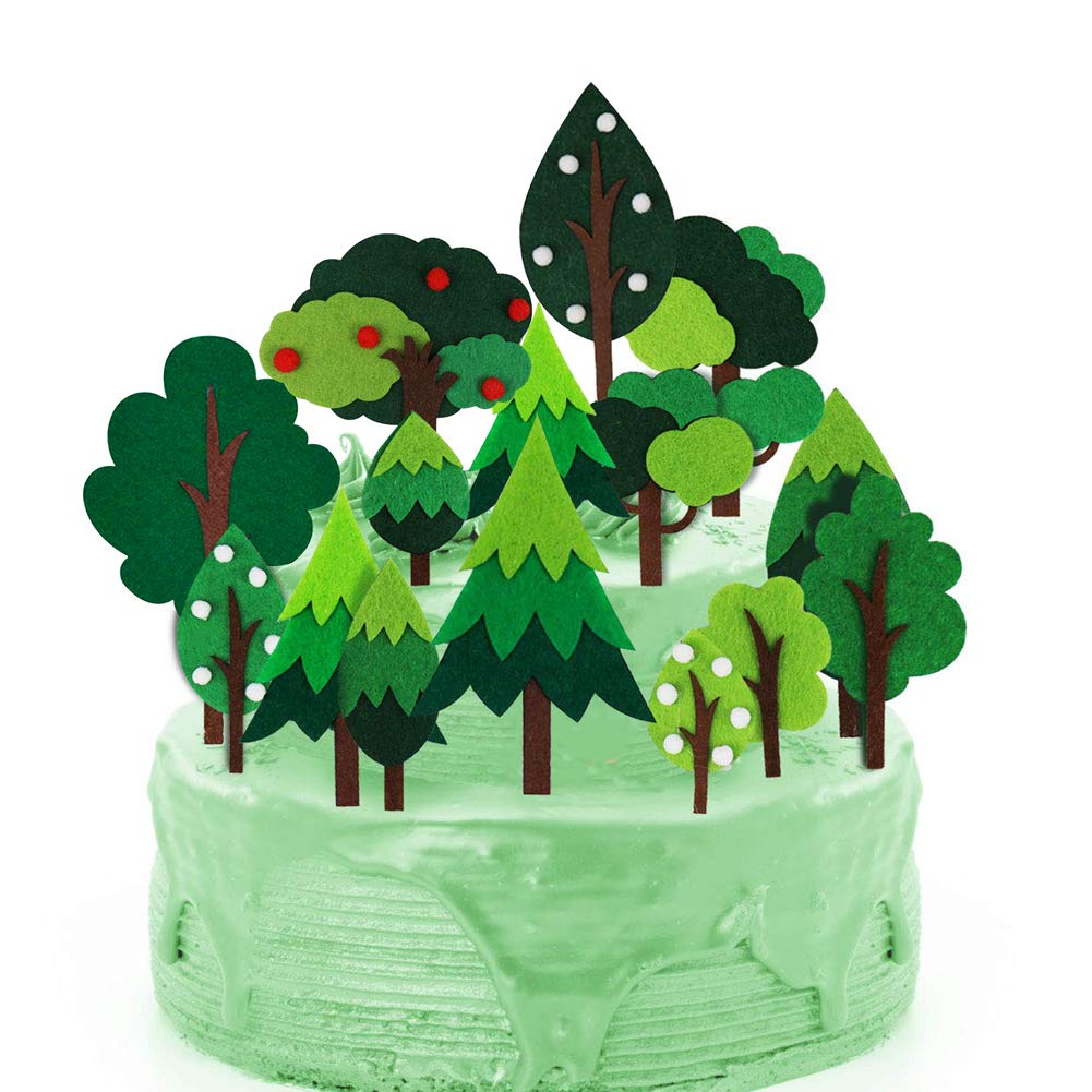 15 PCS Woodland Forest Cake Topper Trees，Handmade Felt Green Tree Cupcake Toppers for Jungle Safari Birthday, Camping Theme Party Decorations, Baby Shower Woodland Creatures Dessert Decor