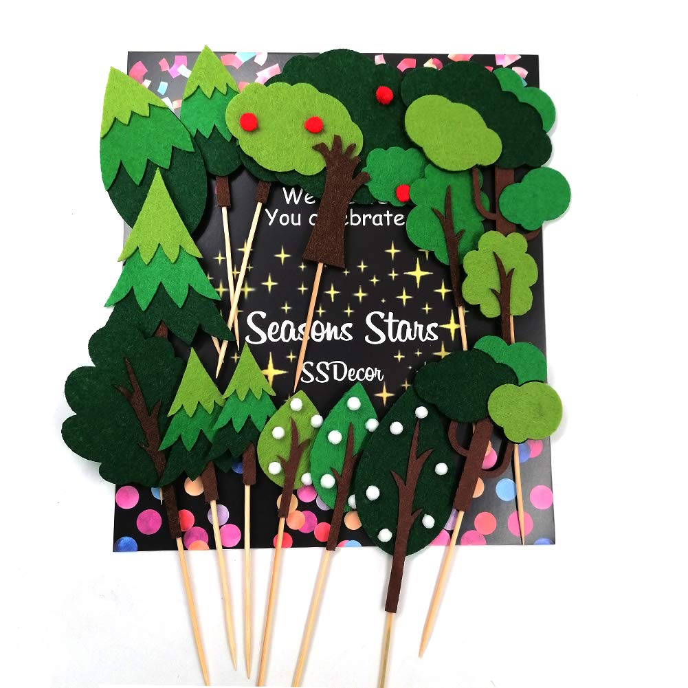 15 PCS Woodland Forest Cake Topper Trees，Handmade Felt Green Tree Cupcake Toppers for Jungle Safari Birthday, Camping Theme Party Decorations, Baby Shower Woodland Creatures Dessert Decor