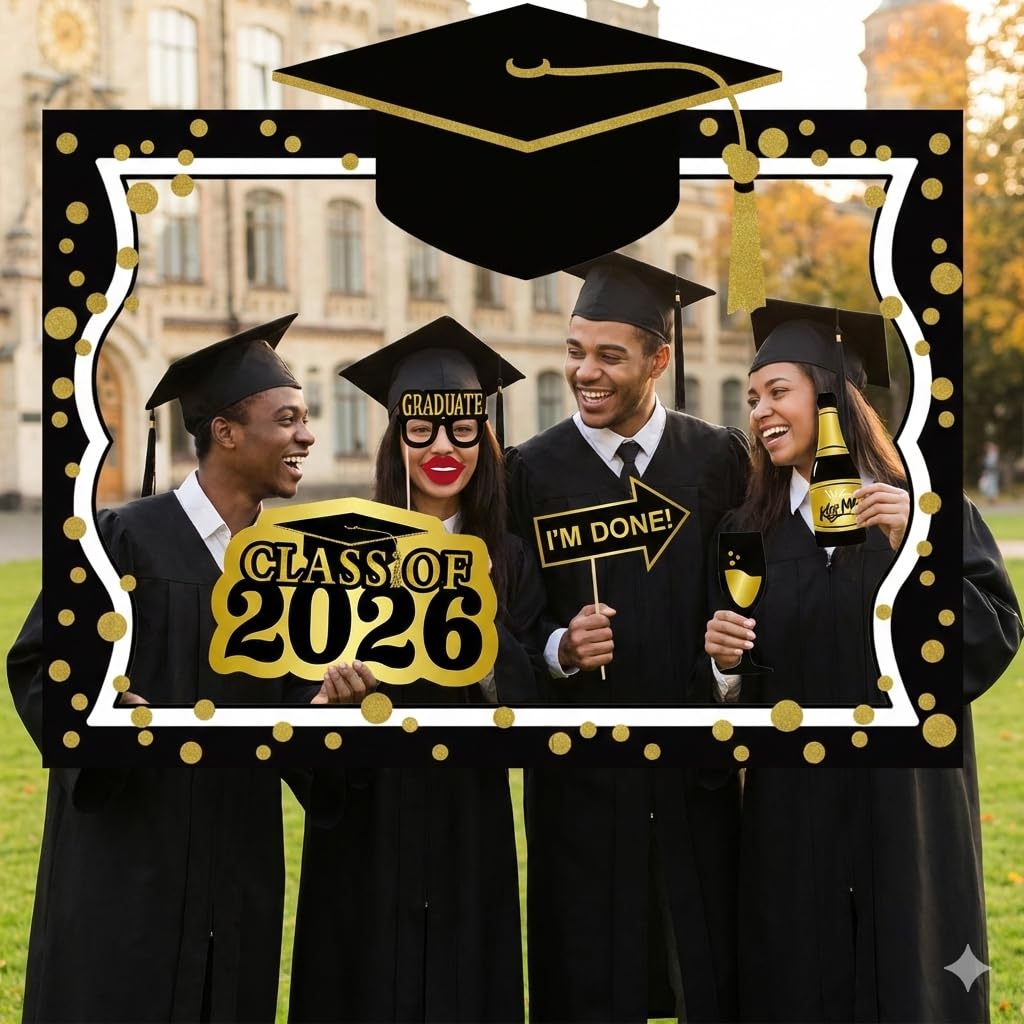 2026 Graduation Selfie Photo Booth Frame Black and Gold with 18Pcs Graduation Photo Booth Props, Upgraded Version with Support Cardboard, 2026 Grad Party Pose Sign