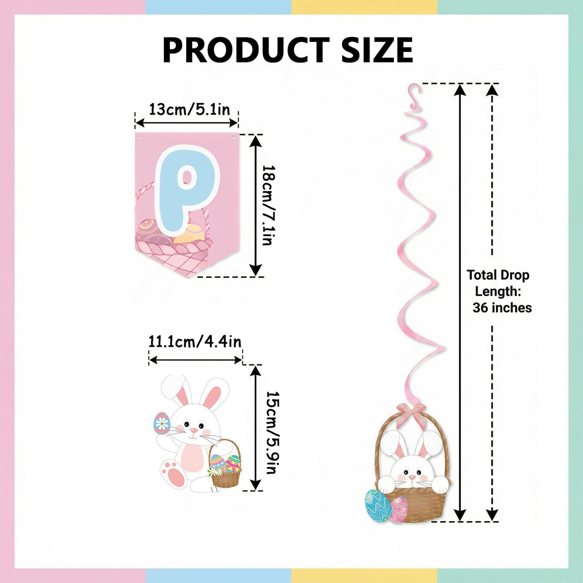 Easter Decorations Set - 18 Pcs Pre-strung Happy Easter Banners & Hanging Swirls, Pastel Bunny Chick Egg Party Supplies for Home Classroom Office, Easter Egg Hunt, Spring Brunch,No DIY Required