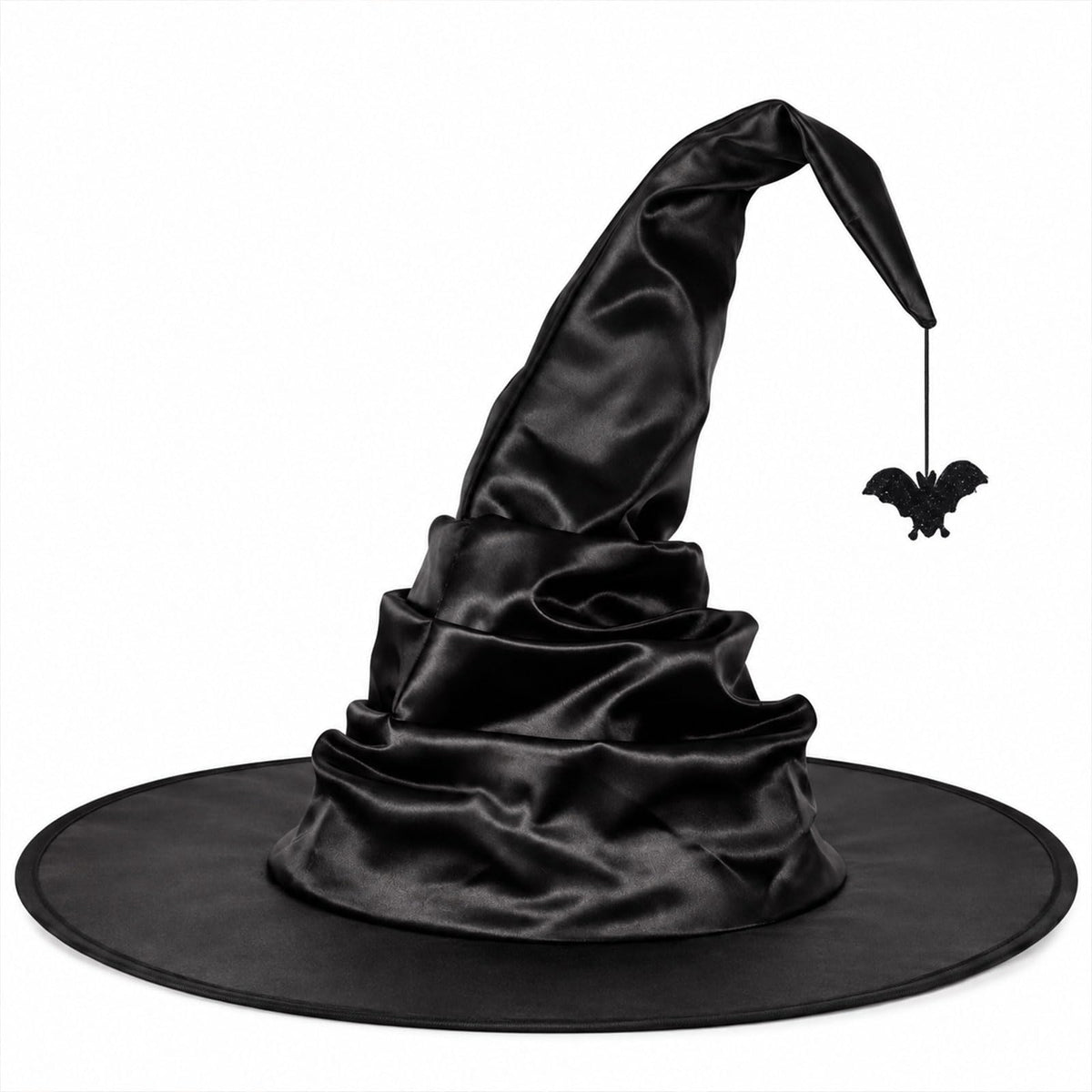 Black Witch Hat for Adults with Bat, 16”Satin Halloween Costume Hat