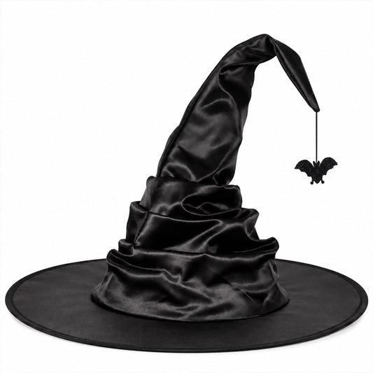 Black Witch Hat for Adults with Bat, 16”Satin Halloween Costume Hat