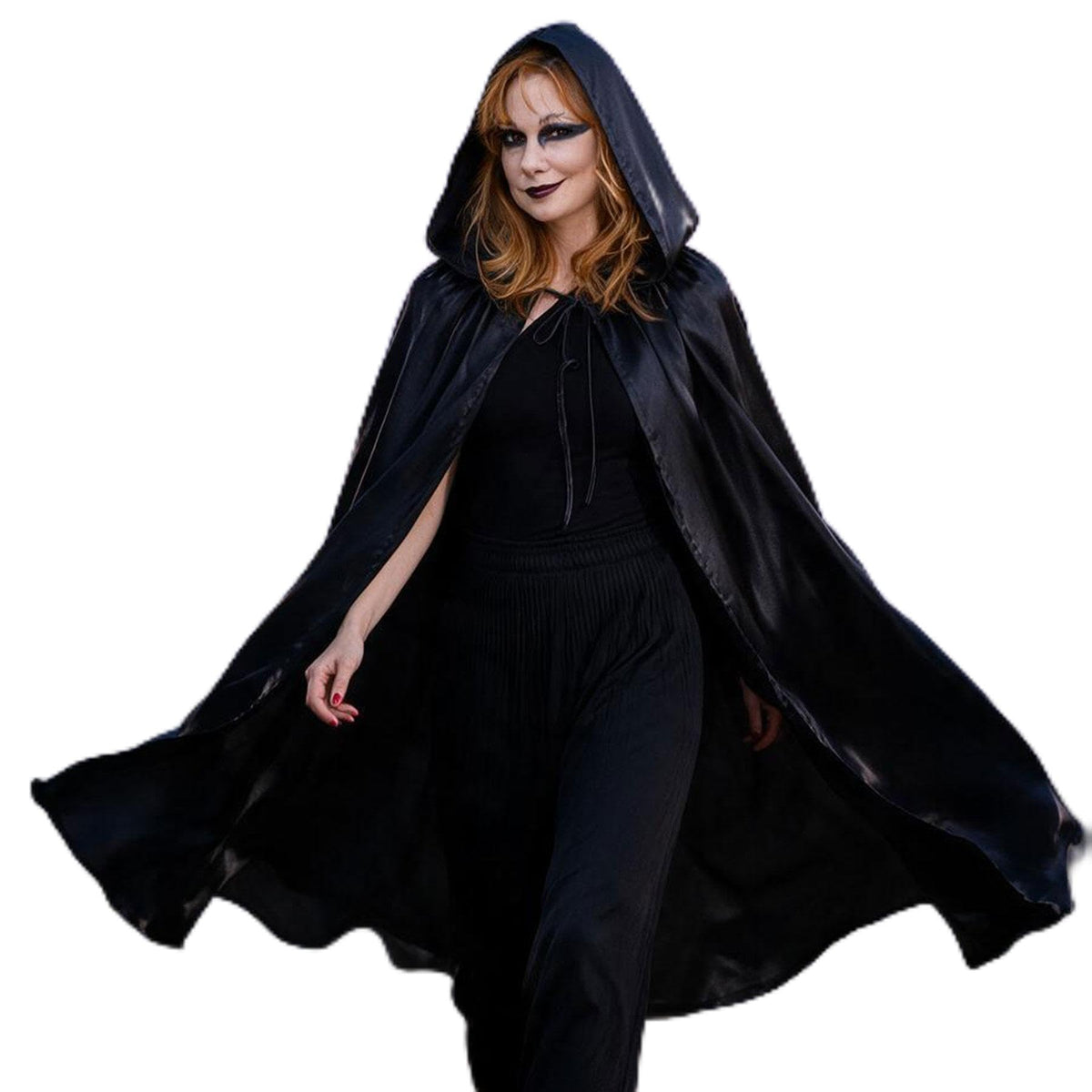 59" Halloween Black Hooded Cloak Full Length Satin Cape for Costume Cosplay