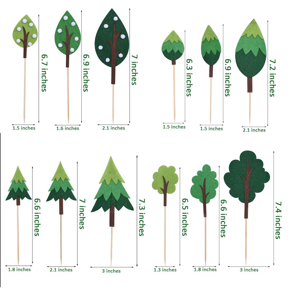 15 PCS Woodland Forest Cake Topper Trees，Handmade Felt Green Tree Cupcake Toppers for Jungle Safari Birthday, Camping Theme Party Decorations, Baby Shower Woodland Creatures Dessert Decor