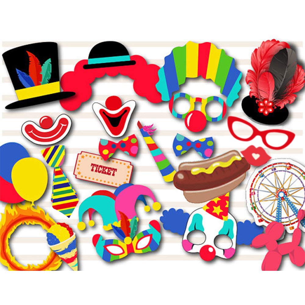 Circus Carnival Birthday Photo Booth Props Kit(24Pcs) Circus Carnival Party Favors with Long Paper Sticks