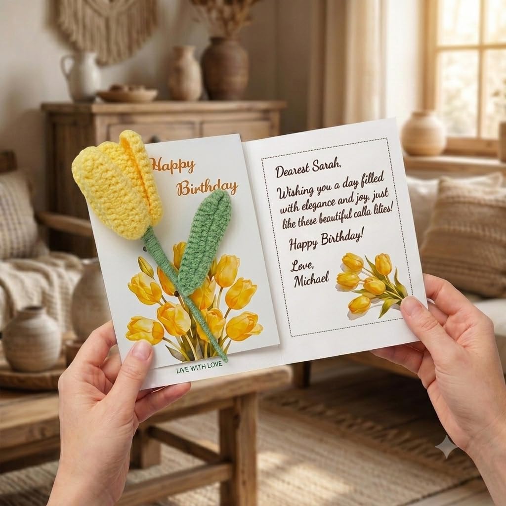 Crochet Tulip Birthday Card with Gift Box, Handmade Knitted Greeting Card, Detachable Desk Ornament & Adjustable Leaves, Unique Pop Up Birthday Gifts for Friends, Women, Sister