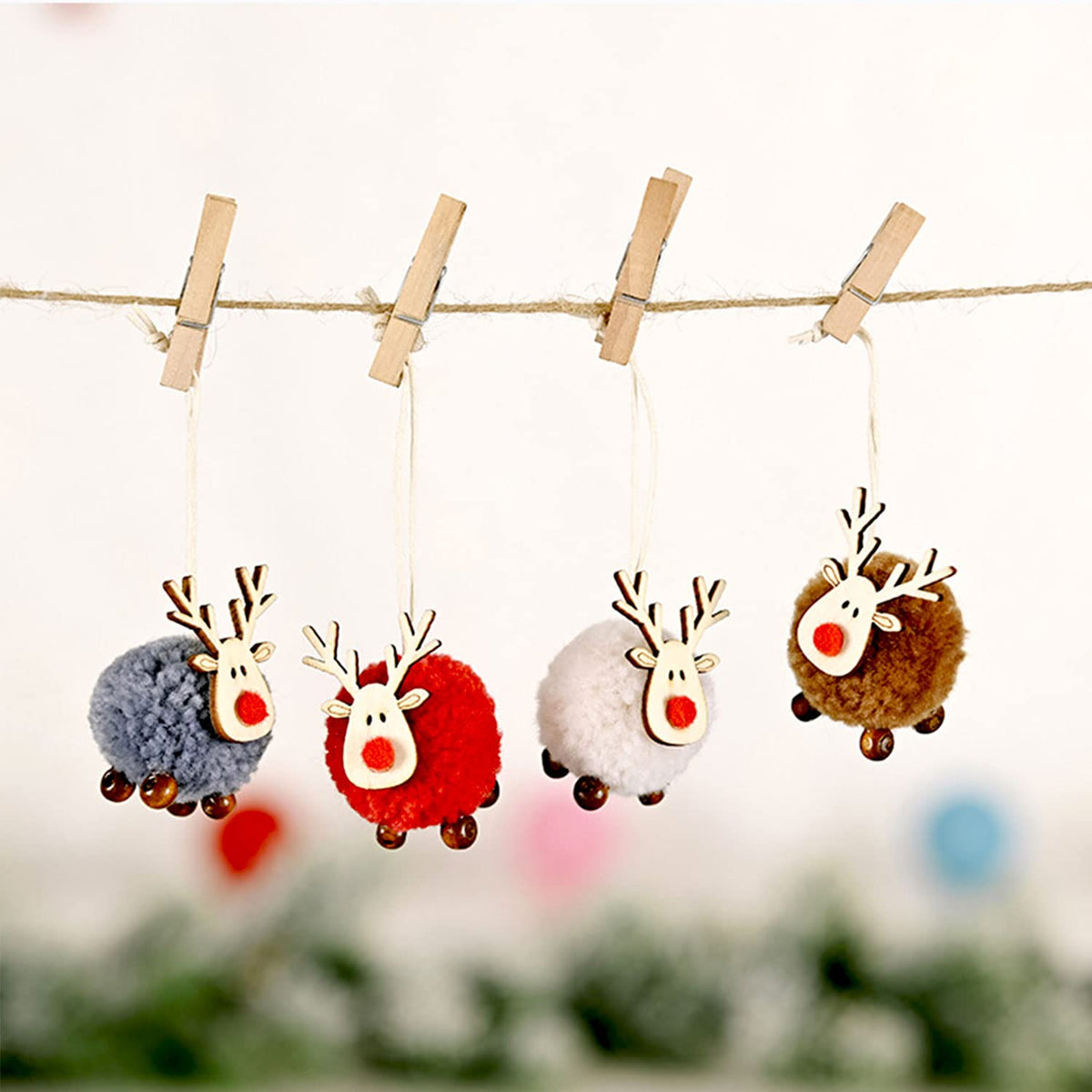 Christmas Ornaments 8Pcs Wool Reindeer Plush Elk Hanging Ornaments, Christmas Tree Deer Slices Pendants, Holiday Wooden Hanging Decorations for Xmas Party Indoor/Outdoor