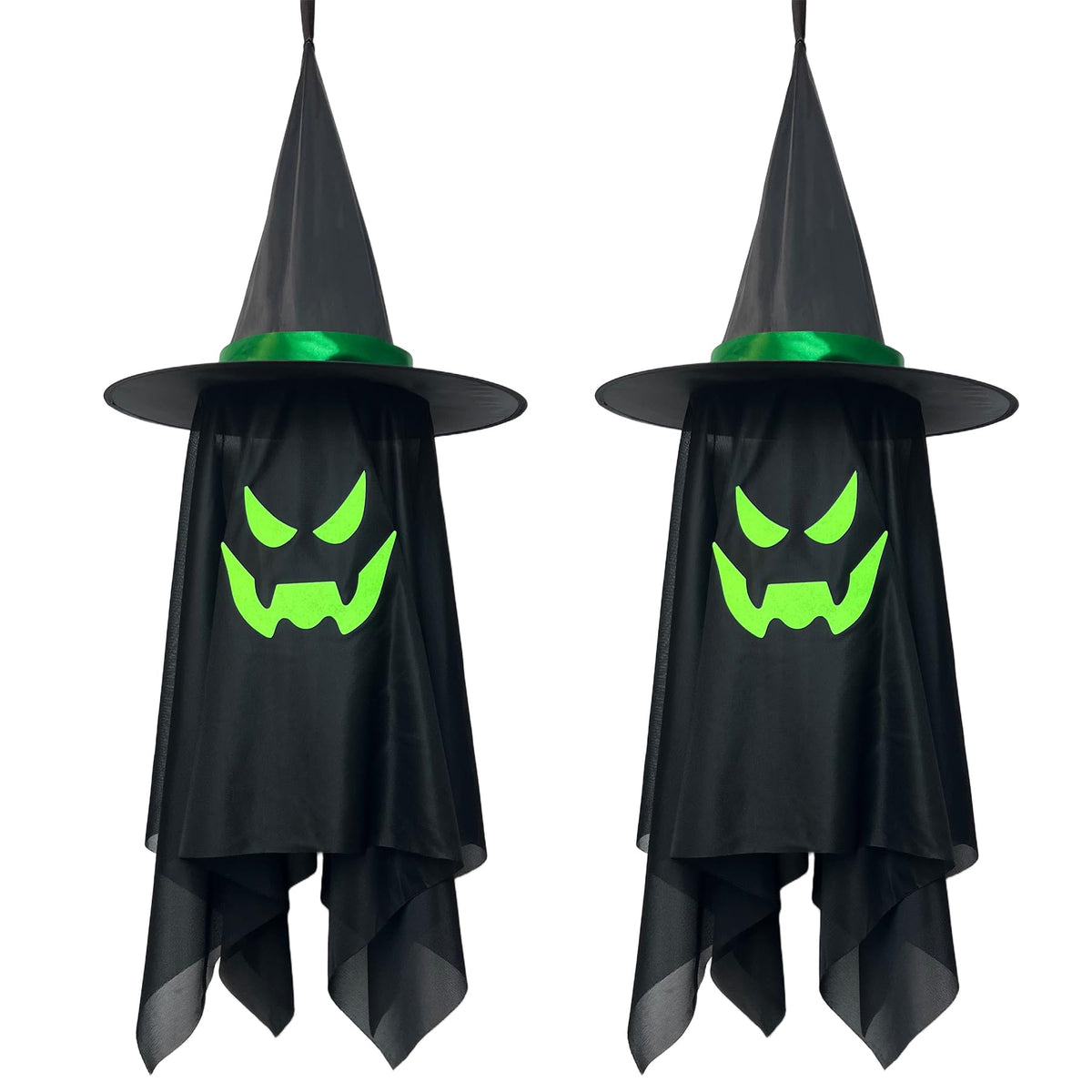 2 Pack Halloween Hanging Floating Witch Hats with Ghost Veil 15" x 38"